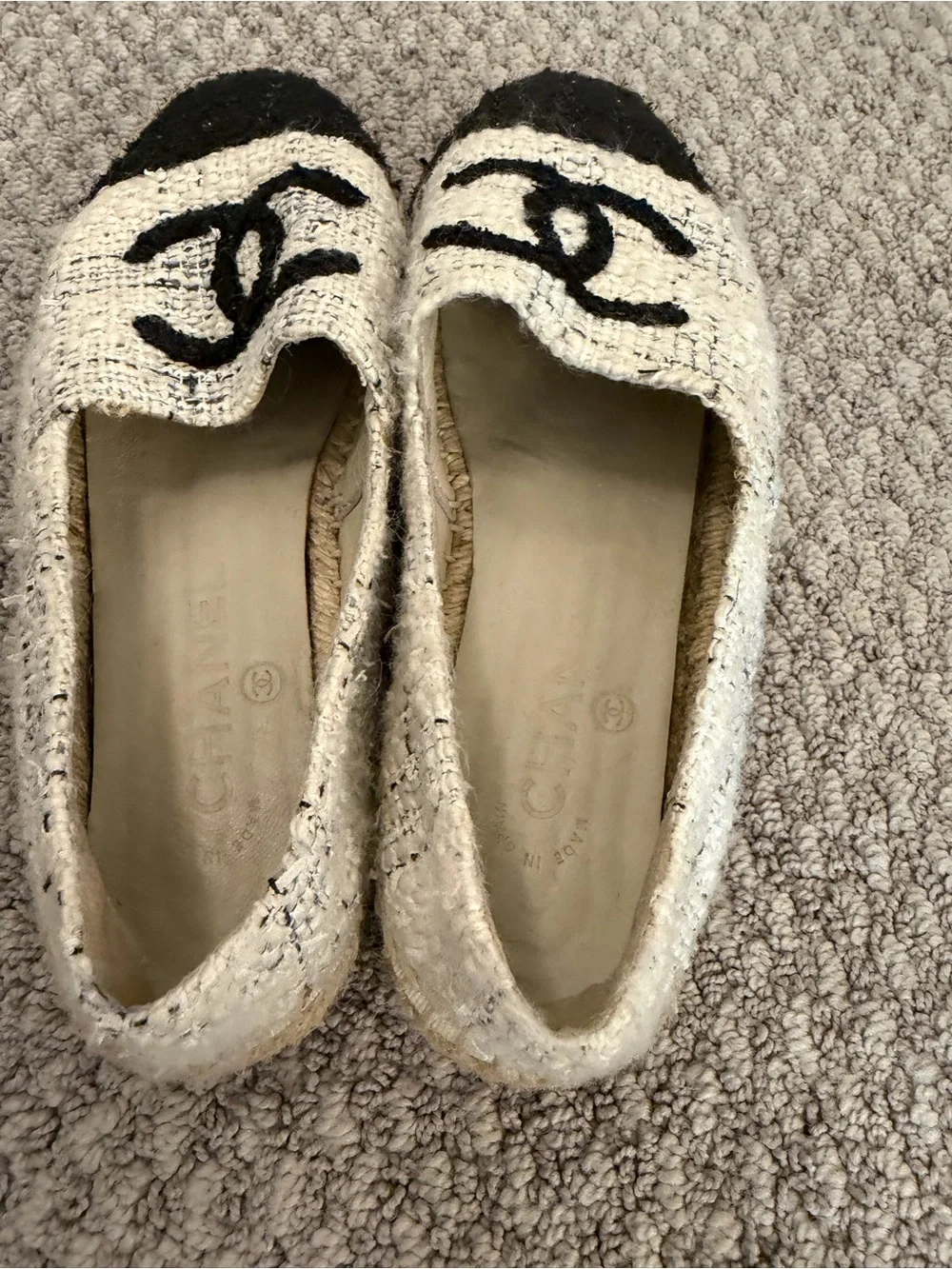 Chanel Tweed Espadrilles with Black Cap Toe, Size 38